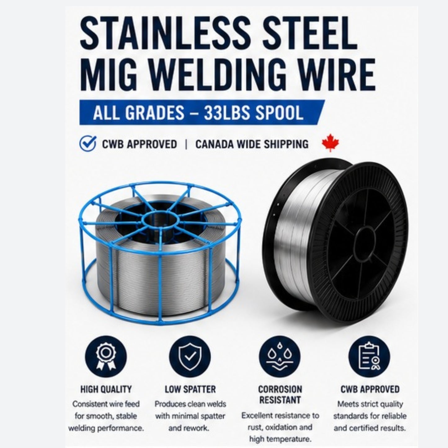 Stainless Steel MIG Welding Wire - All Grades - 33Lbs Spool - CWB Approved - Canada Wide Shipping