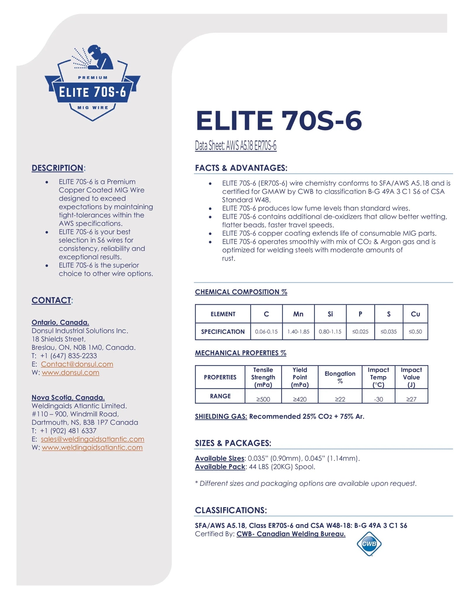 Elite 70S - 6 MIG wire, 0.035" - Weldingaids Atlantic