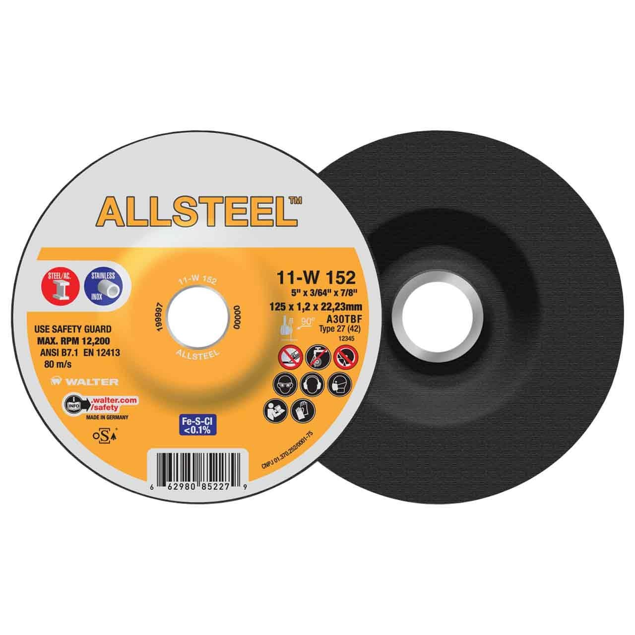 Walter 11W152 ALLSTEEL Cut - Off Wheel 5 X 3/64 X 7/8 T27 GR A - 30, 25 pa - Weldingaids Atlantic